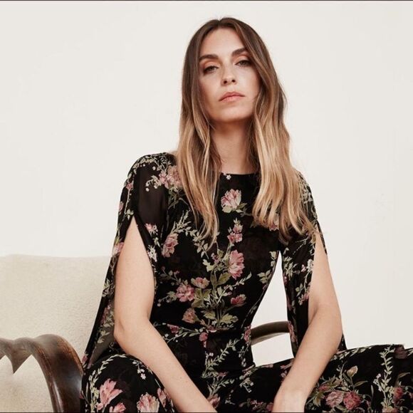 Reformation Sherwood Black Jumpsuit Floral Open Long Sleeve Flared Leg Size 2 - Picture 4 of 8